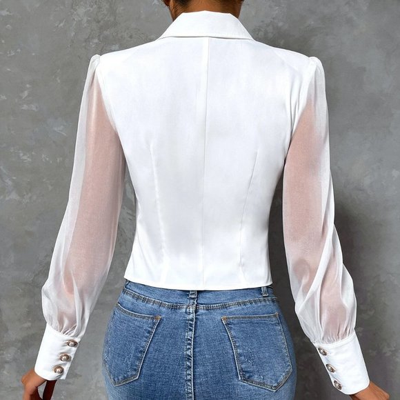 White Preppy Womens Solid Contrast Mesh Asymmetrical Hem Blazer - Picture 2 of 5